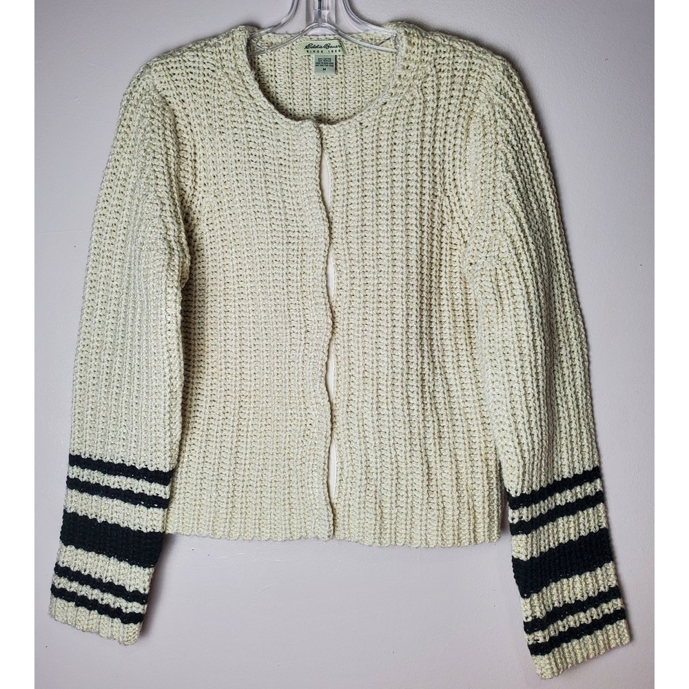Vintage Y2K Eddie Bauer Ribbed Chunky Fisherman Sweater Cardigan Striped Medium